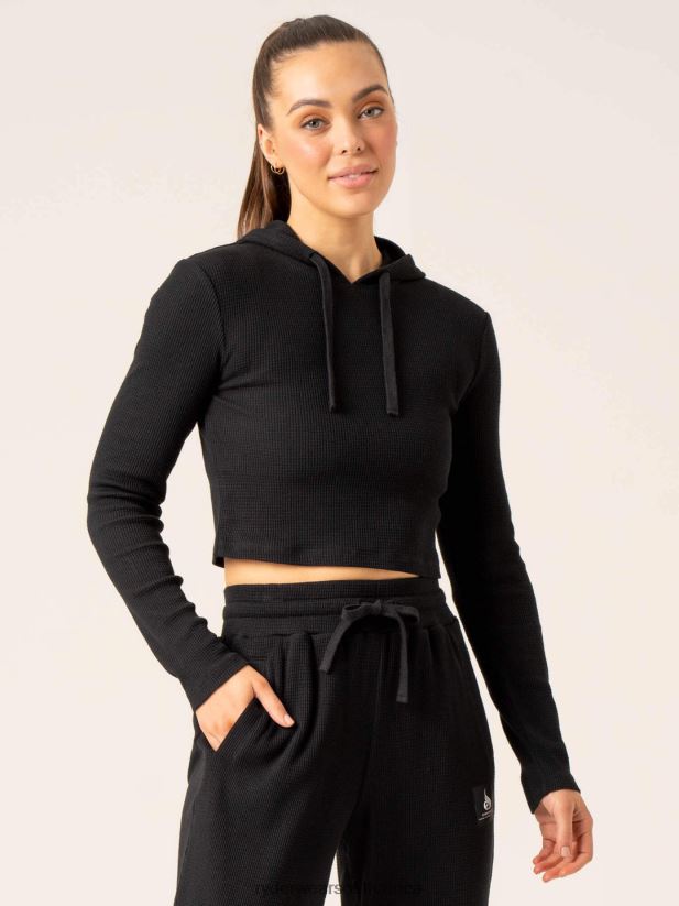 Women Ryderwear Wowaffle Lounge Hoodie 2RT8VD788 Black Clothing