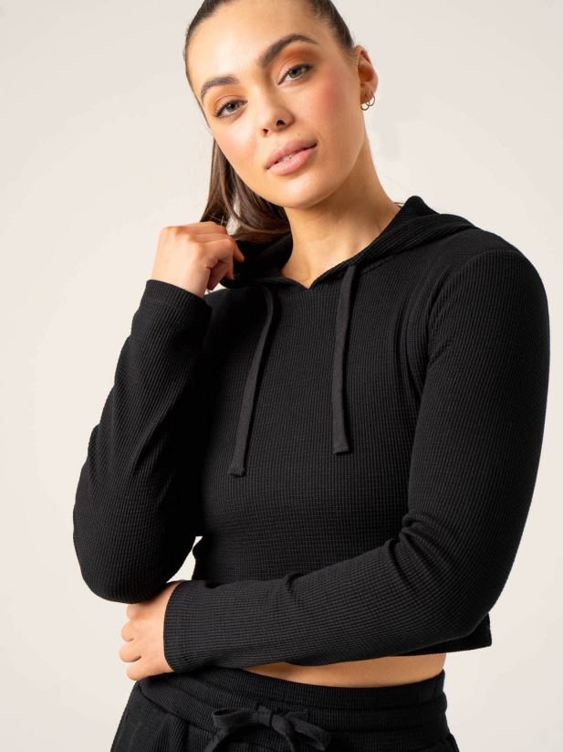 Women Ryderwear Wowaffle Lounge Hoodie 2RT8VD788 Black Clothing