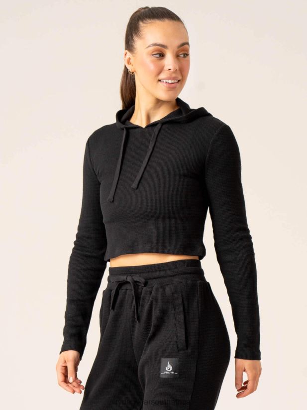 Women Ryderwear Wowaffle Lounge Hoodie 2RT8VD788 Black Clothing