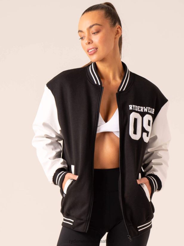 Women Ryderwear Varsity Bomber Jacket 2RT8VD760 Black/Vanilla Clothing